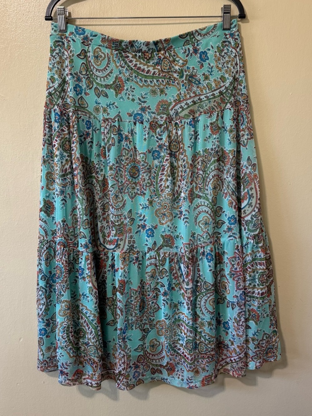 Nina Leonard Teal Paisley Tiered Midi Skirt